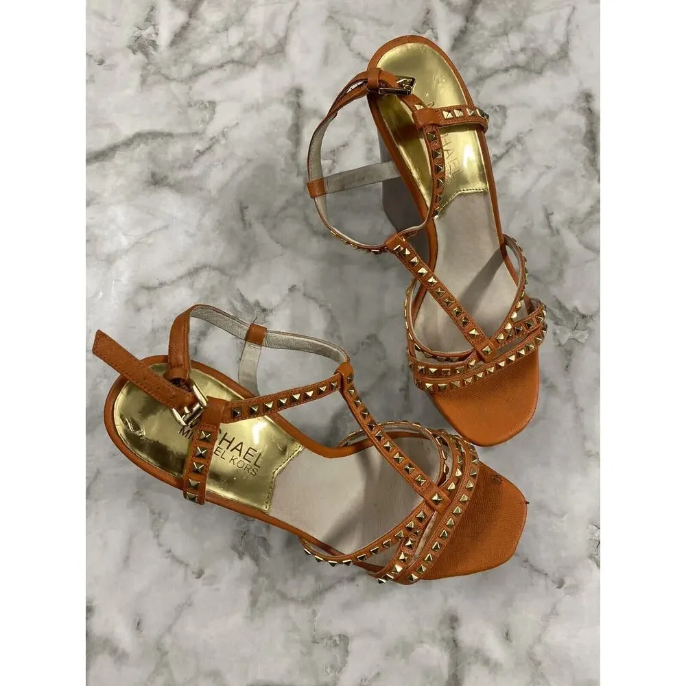 Women's Michael Kors Orange Leather Studded Strap Wedges Platform Shoes SZ 7.5M